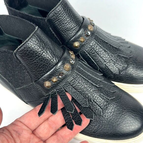 Hogan Black Leather Ankle Sneaker Boots Slip-on Studded with Fringes 37,5 US 7,5 - Picture 5 of 16